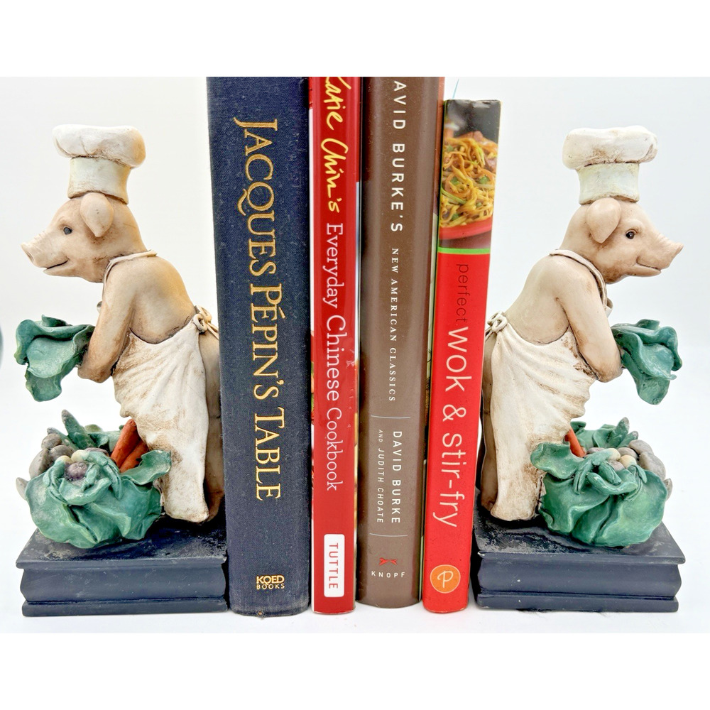 French Chef Pig Bookends Set Heavy Resin Cook Novelty Kitchen Cookbook Stand